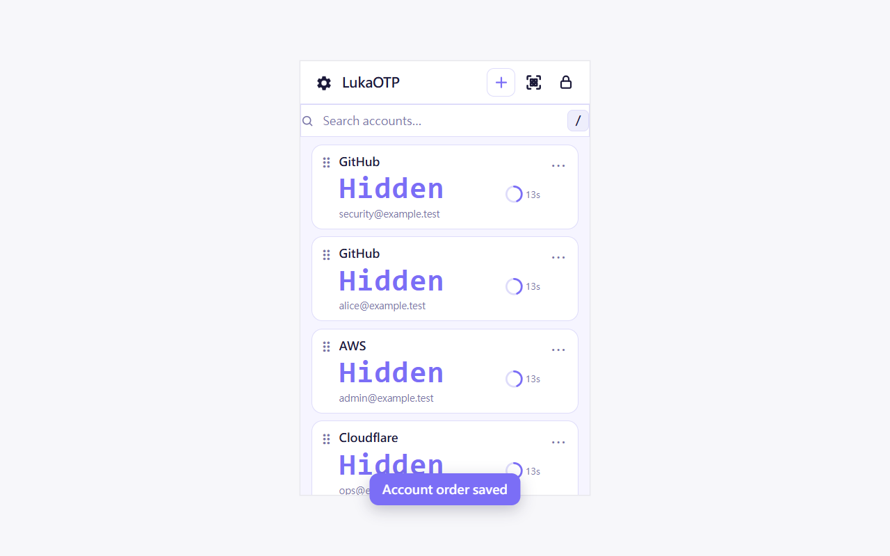 LukaOTP account list with global ordering